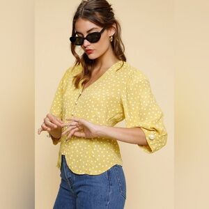 Rouje Mustard Polka Dot V-Neck Button Blouse Size 40/Medium